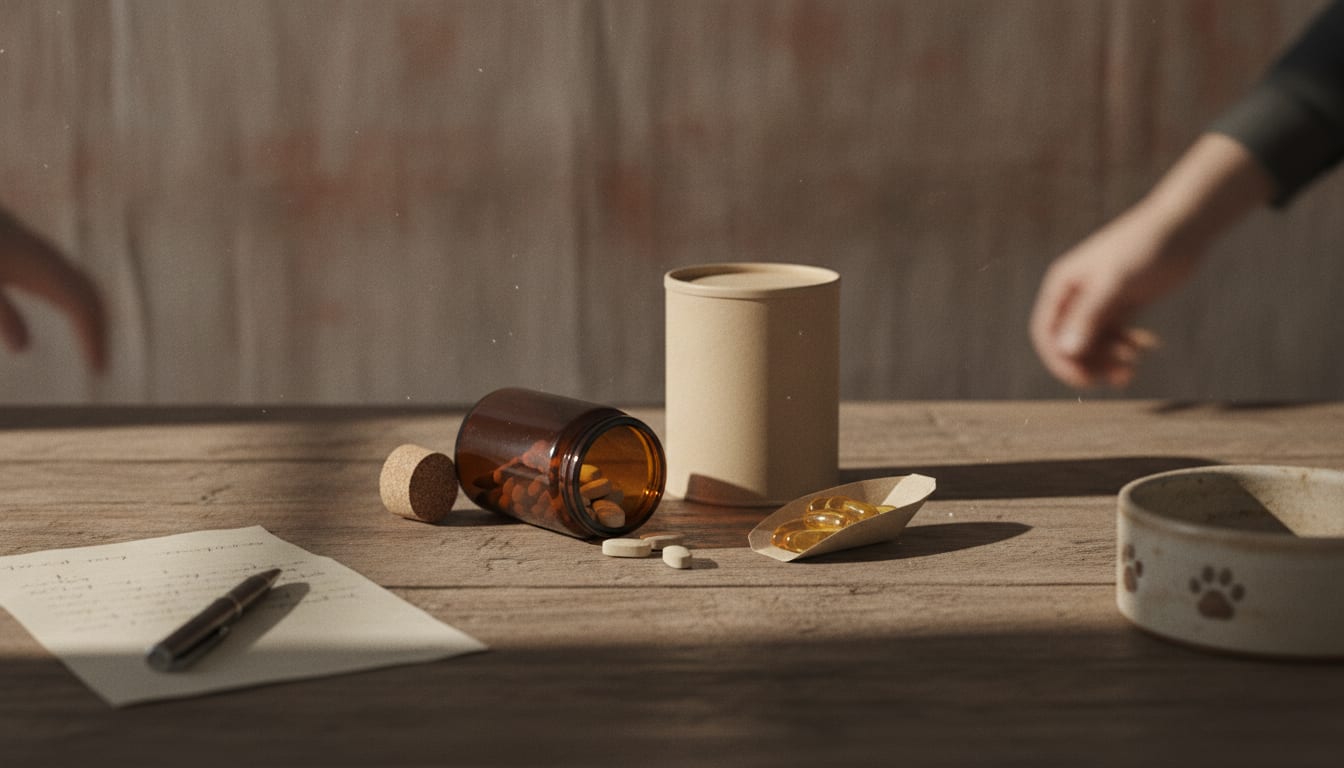 Amber supplement jar, spilled tablets, fish oil capsules and a dog bowl on weathered oak in warm side light