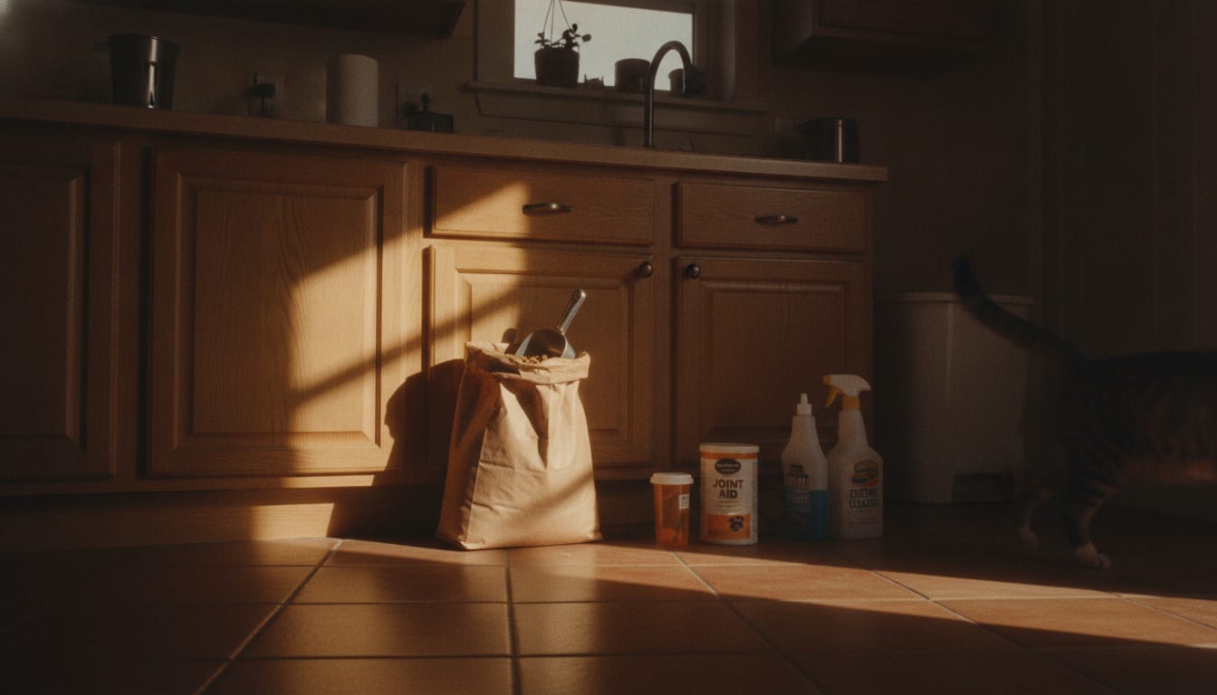 Kibble bag, pill bottles and enzyme cleaner on a sunlit kitchen counter as a tabby cat's tail exits the frame